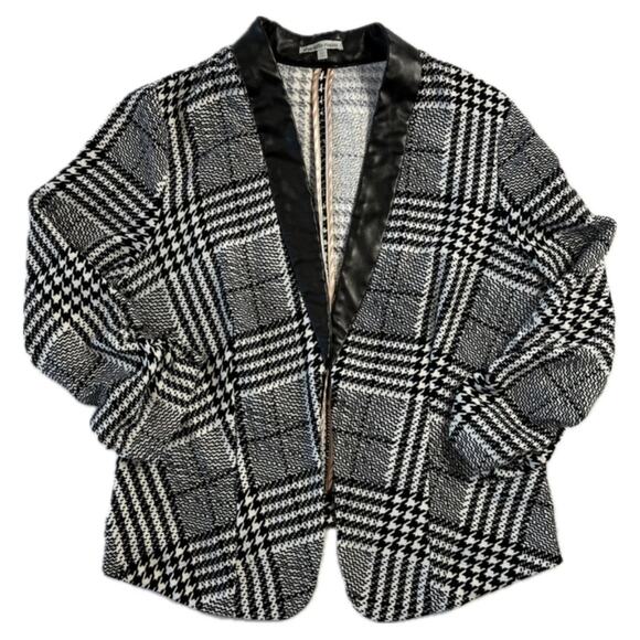 Charlotte Russe Women's Large Plaid Black Leather Collar Open Cardigan - Picture 1 of 7